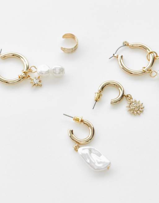Liars & Lovers pack of 5 pearl and sun hoop earrings in gold tone, 4 of 4