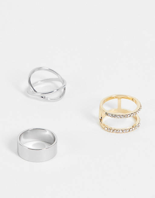 Liars & Lovers pave and criss cross rings 3 x multipack in gold and silver