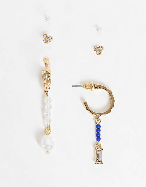 Liars & Lovers pearl bead mismatch earrings 3 x hoop and stud multipack in gold