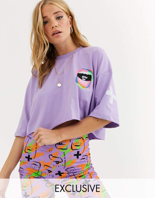 LIFE IS BEAUTIFUL cropped t-shirt and legging shorts with face print co-ord, 2 of 3