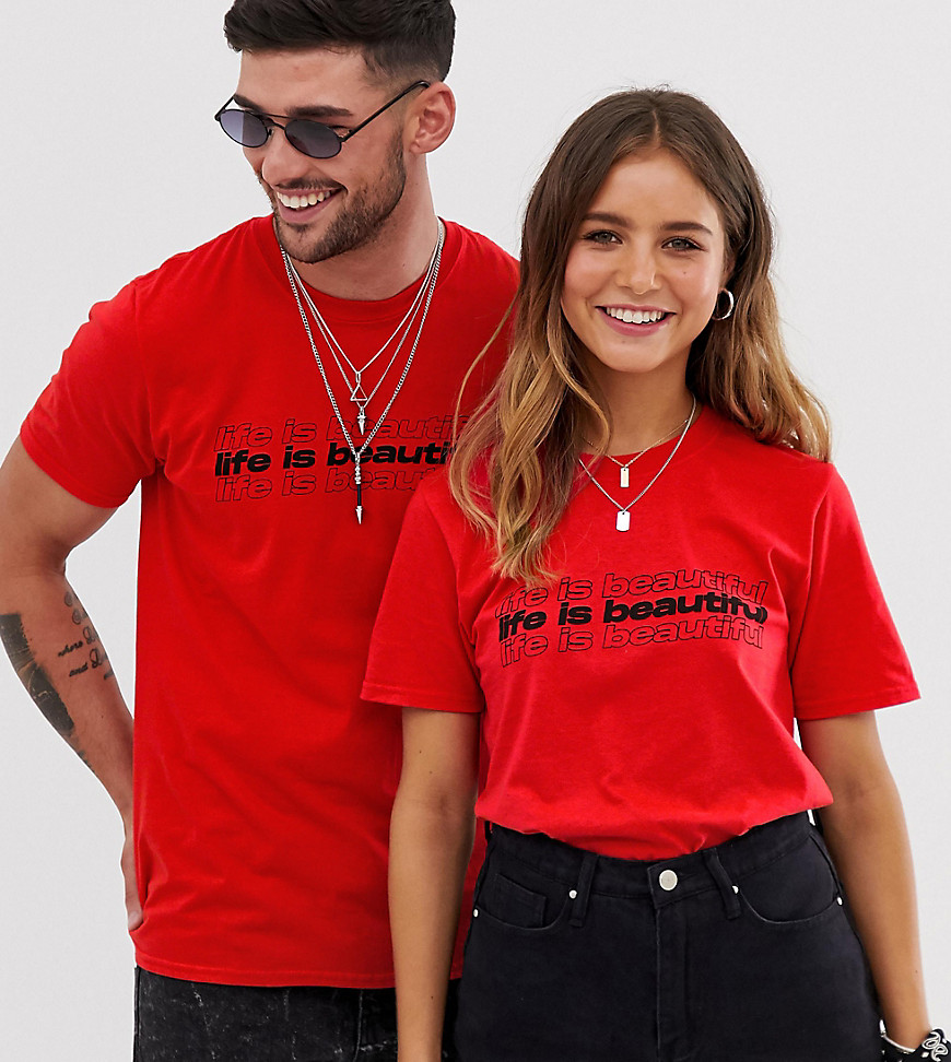 LIFE IS BEAUTIFUL - Uniseks T-shirt met normale pasvorm en logoprint-Rood