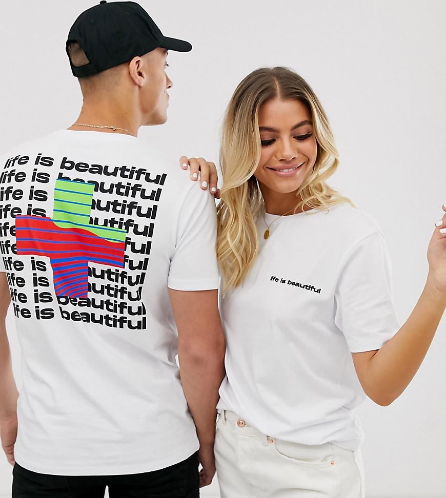 LIFE IS BEAUTIFUL - Uniseks T-shirt met print op de achterkant-Zwart
