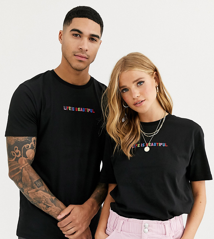 LIFE IS BEAUTIFUL unisex embroidered logo t-shirt-Black