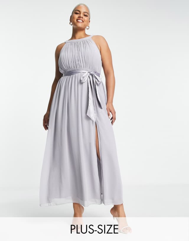 Lilttle Mistress Plus Bridesmaid open shoulder maxi dress in gray blue