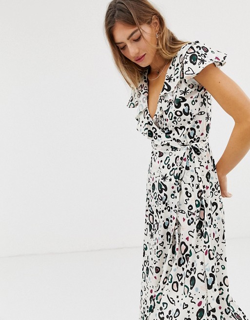 Lily & Lionel Exclusive midi wrap dress in animal doodle