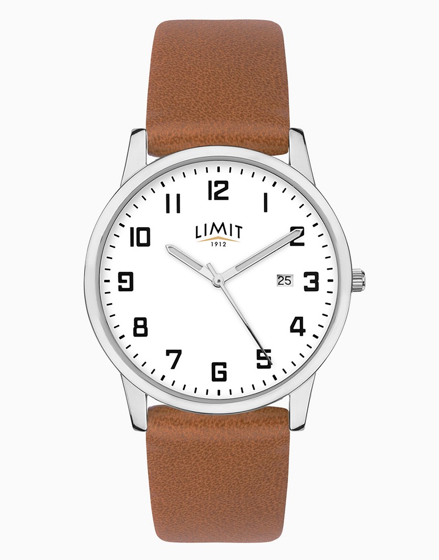Limit classic watch with tan pu strap in white-Silver