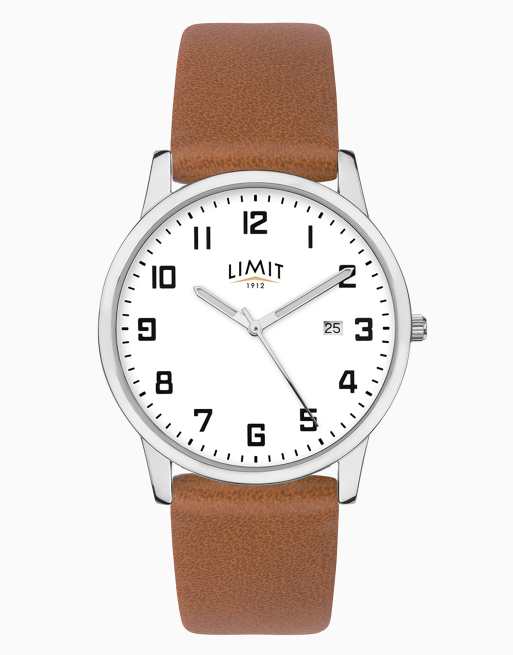 Limit classic watch with tan pu strap in white