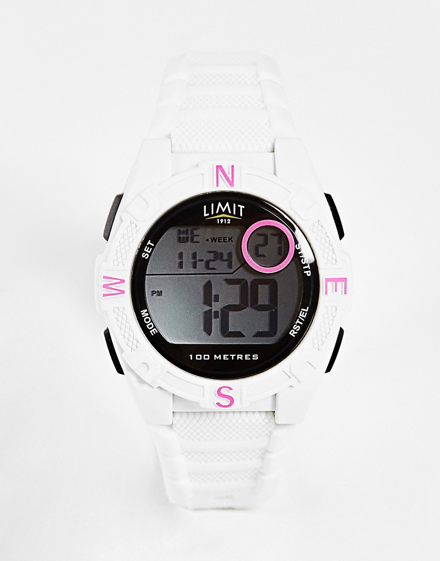 Limit digital watch with pink detail in white