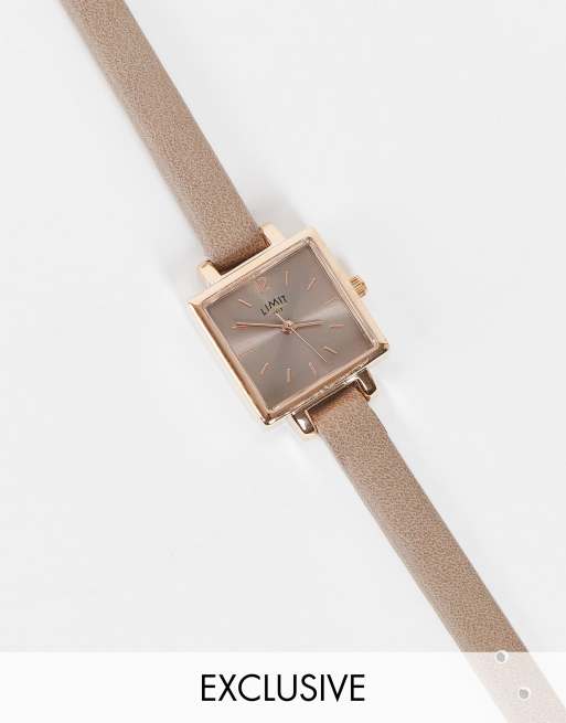 Limit Exclusivit ASOS Montre ovale en imitation cuir pour femme Beige