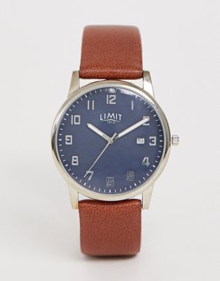 Limit faux - Imitatie leren horloge in bruin met blauwe wijzerplaat met datum