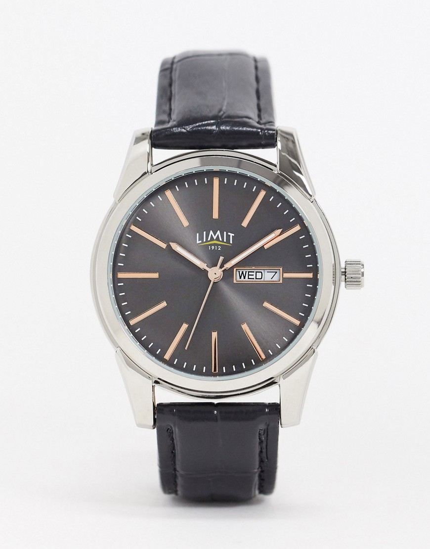 Limit Faux Leather Watch In Black With Black Dial