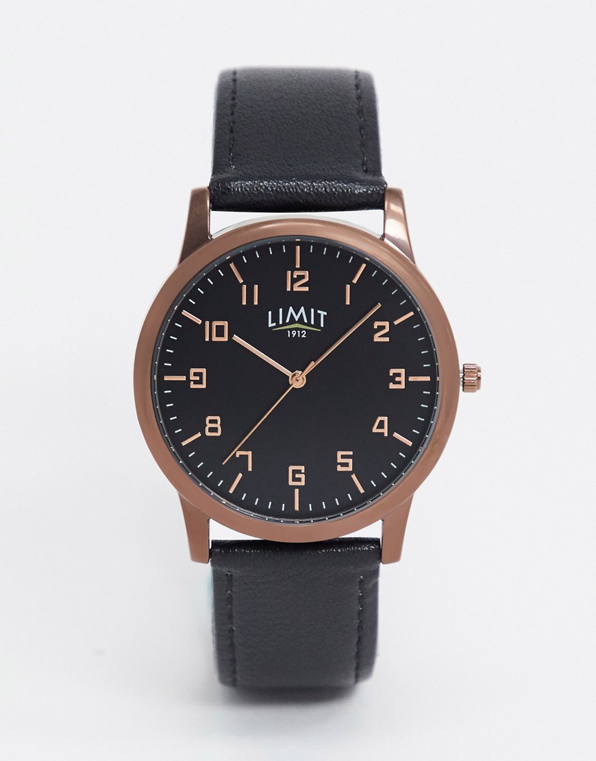 Limit faux leather watch in black with brown case