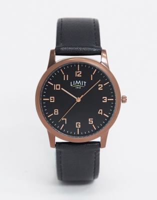  Limit faux leather watch in black with brown case