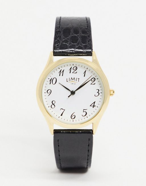 Limit faux leather watch in black with gold case | ASOS