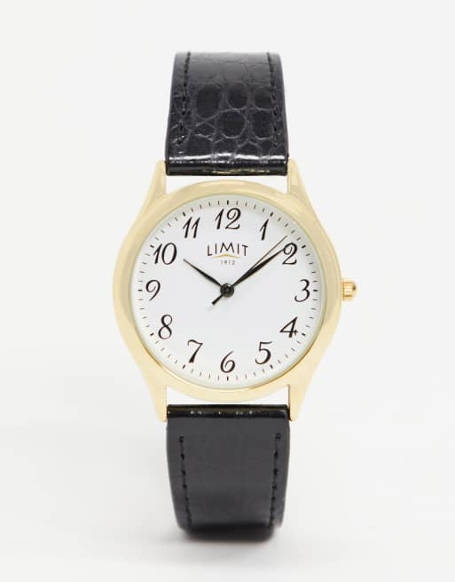 Limit faux leather watch in black with gold case | ASOS