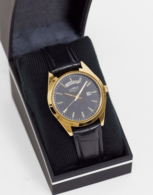 Limit faux leather watch in black with gold case