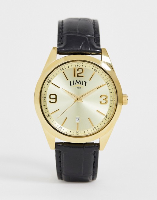 Limit faux leather watch in black with gold dial