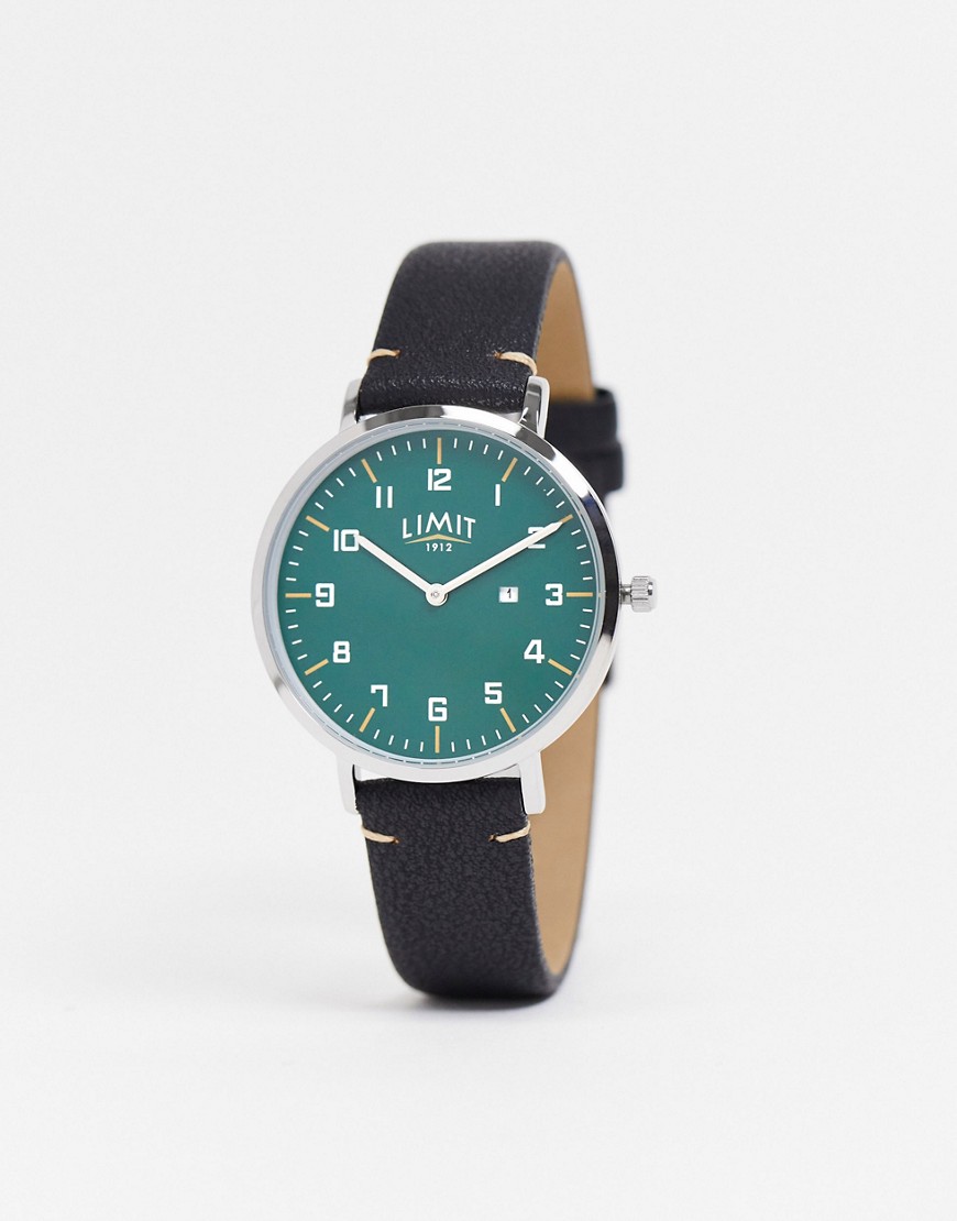 Limit faux leather watch in black with green dial