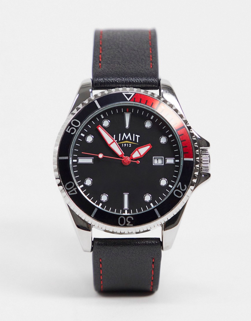 Limit faux leather watch in black with red stitching