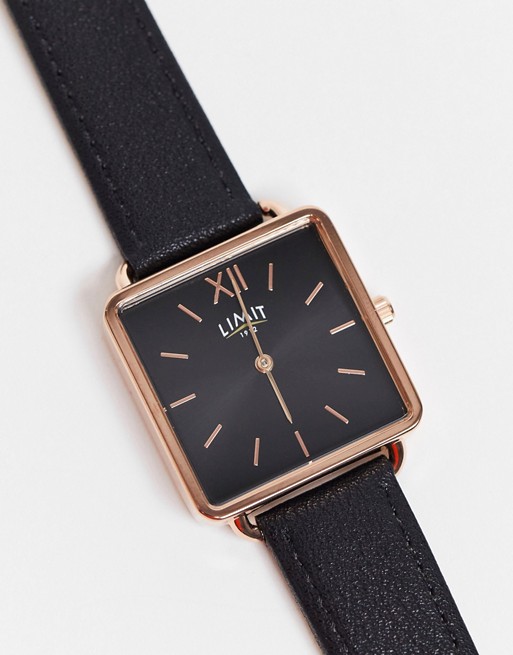 Limit faux leather watch in black with square dial