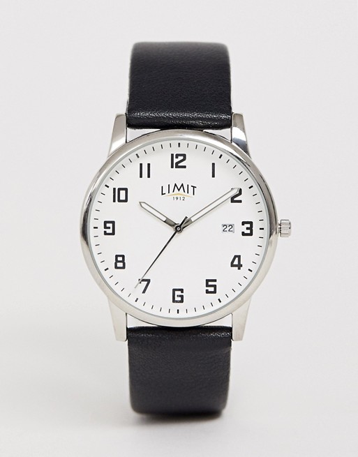 Limit faux leather watch in black with white date dial