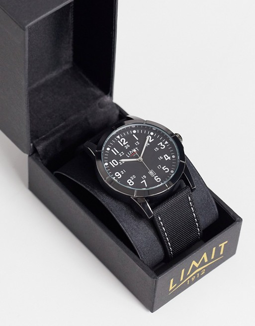 Limit faux leather watch in black with white stitching