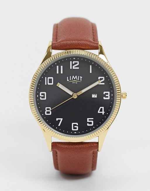 Limit faux leather watch in brown with gold case