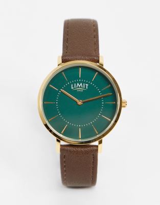  Limit faux leather watch in brown with green dial