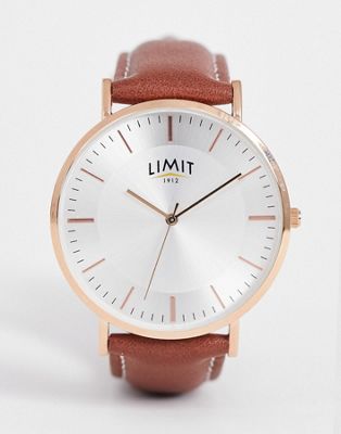 Limit faux leather watch in brown with stitching detail - ASOS Price Checker