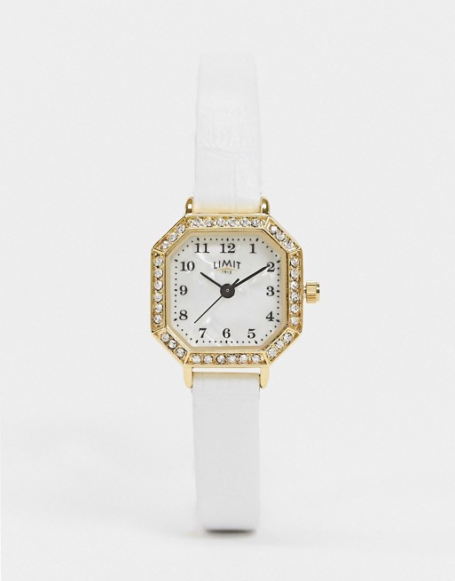 Limit faux leather watch in white with faux diamond case