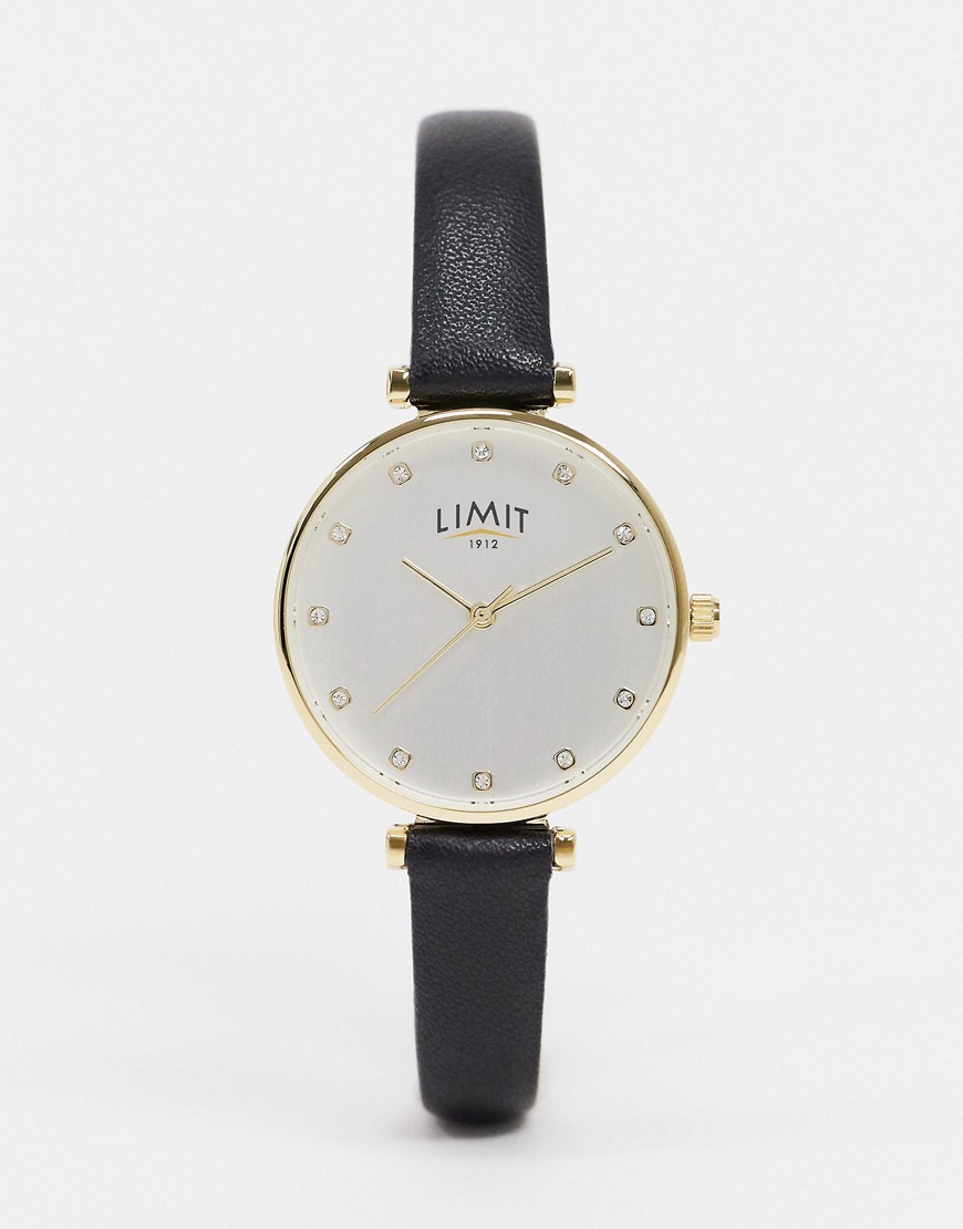 Limit - Horloge van imitatieleer in zwart met zilverkleurige wijzerplaat met steentjes