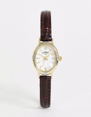 Limit – Klocka med brunt armband i läderimitation med oval urtavla