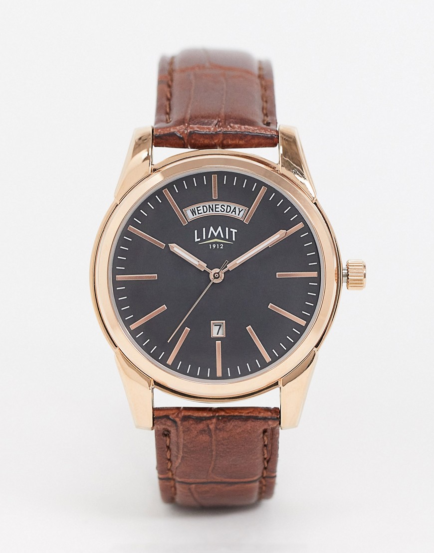 Limit – Klocka med brunt armband i läderimitation med svart urtavla