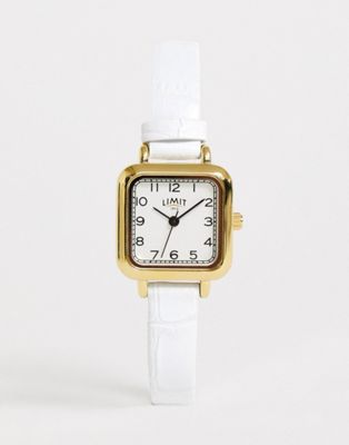 Limit – Klocka med vitt armband i läderimitation med fyrkantig urtavla