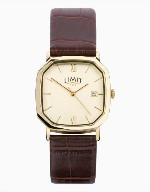 Limit Limit 38mm mens octagonal gold analogue watch in brown