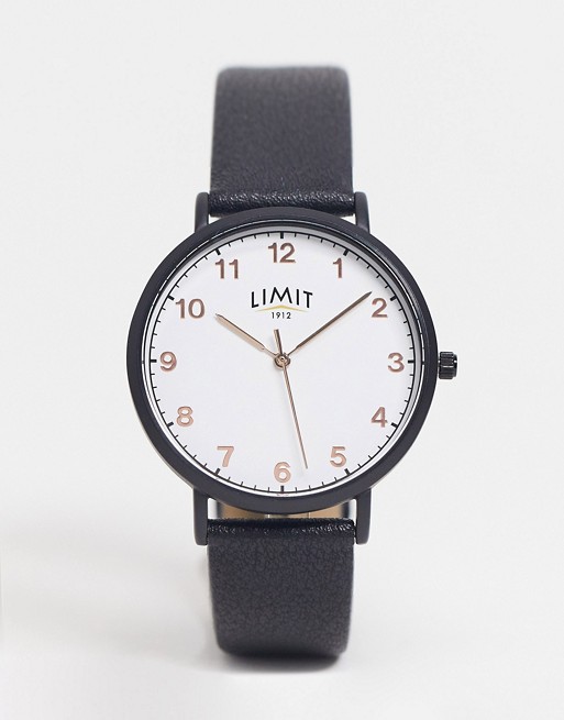 Limit mens faux leather watch in black with white dial