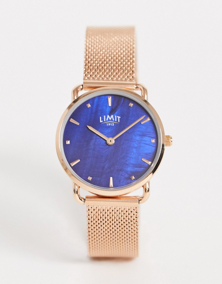 Limit - Mesh horloge in roségoud met blauwe wijzerplaat