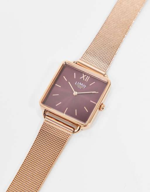 Limit - Montre avec bracelet en maille et cadran carré rouge - Or rose, 2 de 4