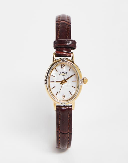 Limit - Orologio con cinturino in pelle sintetica marrone con quadrante ovale
