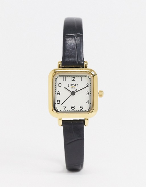 Limit square dial faux leather watch In black