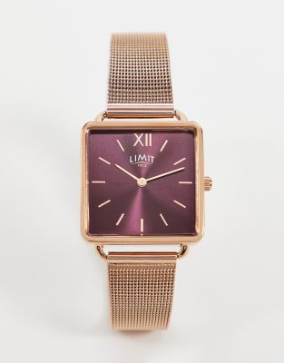 Limit Limit square mesh watch in rose gold with red dial