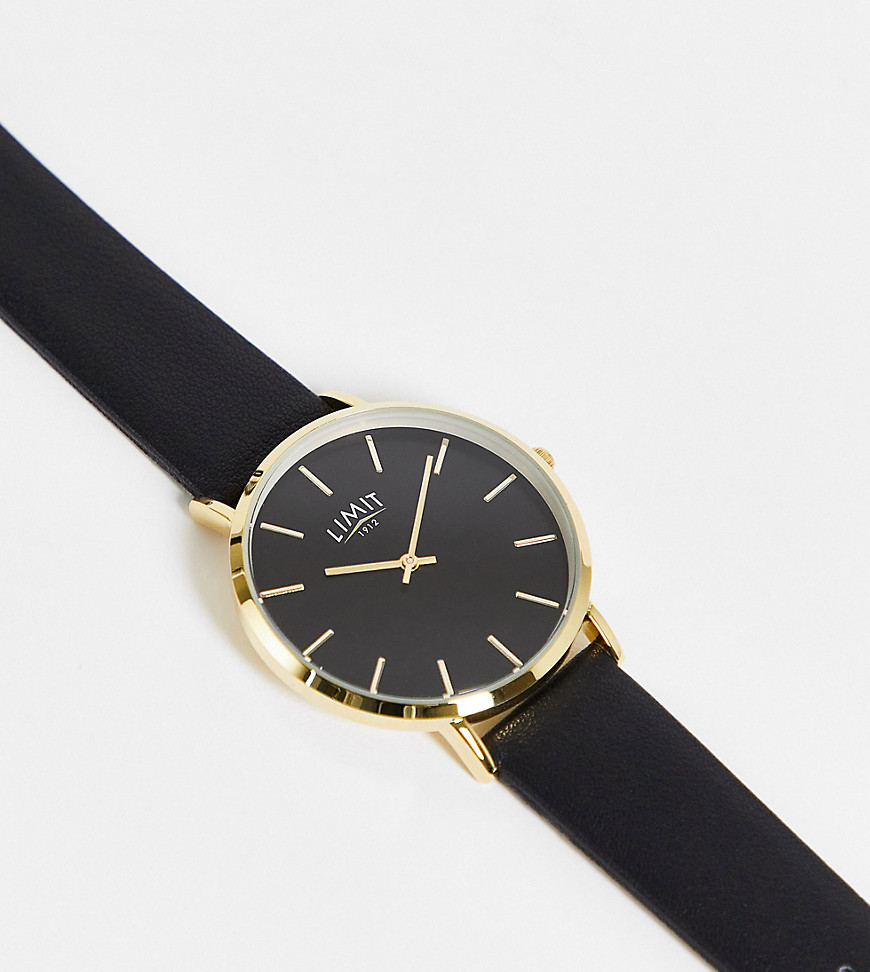 Limit unisex round faux leather watch in black Exclusive to ASOS