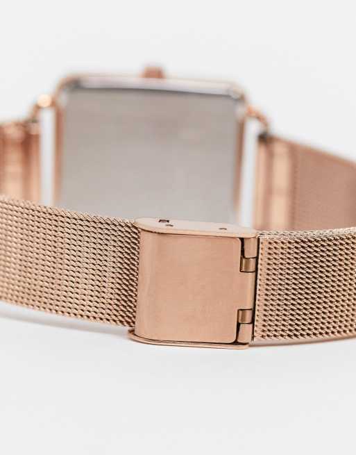 Limit - Vierkant mesh horloge in roségoud met rode wijzerplaat, 3 van 4