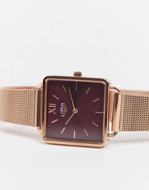 Limit - Vierkant mesh horloge in roségoud met rode wijzerplaat, 4 van 4