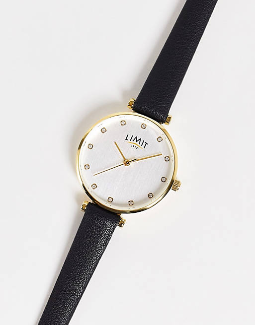 Limit womens round faux leather watch in black Exclusive to ASOS