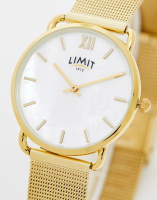 Limit womens round faux MOP mesh watch in gold Exclusive to ASOS