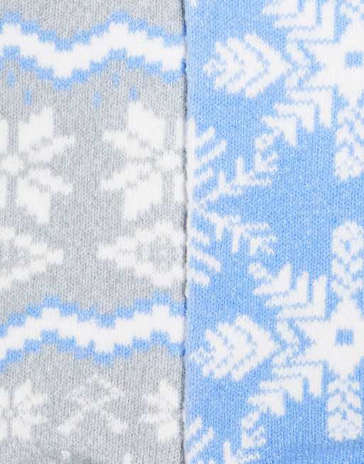 Lindex 2 pack fair isle pattern cosy socks in blue and grey, 2 of 4