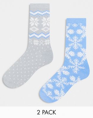 Lindex 2 pack fairisle pattern cozy socks in blue and grey-Multi