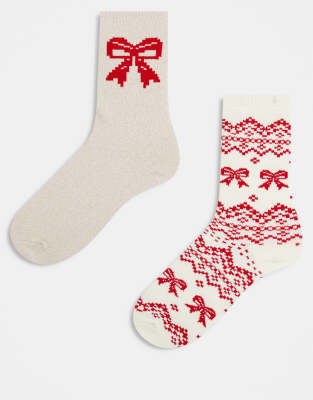 Lindex 2 Pack Heart And Fairisle Print Cosy Socks In White