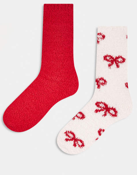 Lindex 2 pack super soft cosy socks in red and bow print - view 1
